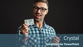  Presentation with man holding phone - Presentation theme enhanced with photo-of-happy-excited-grey background and a ocean colored foreground