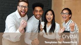  Presentation with coworking - Amazing slides having photo of happy excited young business colleagues indoors coworking looking camera make winner gesture backdrop and a coral colored foreground