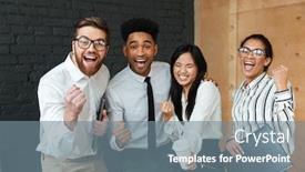  Presentation with coworking - Beautiful presentation theme featuring photo of happy excited young business colleagues indoors coworking looking camera make winner gesture backdrop and a gray colored foreground