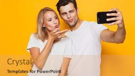  Presentation with take - PPT layouts consisting of photo of happy excited young loving couple standing isolated over yellow wall background take a selfie by mobile phone background and a yellow colored foreground