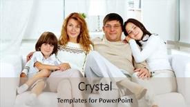  Presentation with family photo - PPT theme having photo of happy family looking at camera at home background and a mint green colored foreground