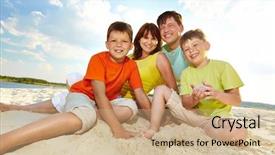  Presentation with family photo - Slide deck featuring photo of happy family sitting on sand and looking at camera during summer rest background and a coral colored foreground