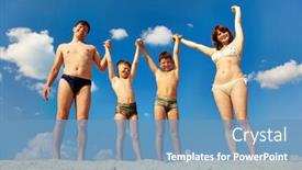  Presentation with family photo - PPT theme having photo of happy family standing on sand during summer vacation background and a teal colored foreground