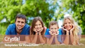  Presentation with family photo - Slide deck enhanced with photo of happy family of four lying on grass during summer rest background and a coral colored foreground