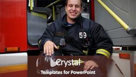  Presentation with fire truck - Cool new presentation with photo of happy fireman looking backdrop and a tawny brown colored foreground