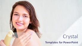  Presentation with lotion - Slide set with photo of happy girl with body lotion in her hands on blank gray background background and a sky blue colored foreground