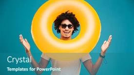  Presentation with rubber - Beautiful PPT layouts featuring photo of happy handsome young african curly man standing isolated over blue background looking camera holding rubber ring backdrop and a ocean colored foreground