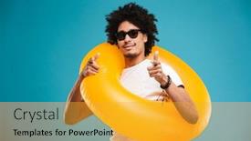  Presentation with rubber - Cool new PPT theme with photo of happy handsome young african curly man standing isolated over blue background looking camera holding rubber ring pointing to you backdrop and a gold colored foreground