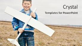  Presentation with toy - Audience pleasing theme consisting of photo of happy kid with toy airplane looking at camera outside backdrop and a white colored foreground