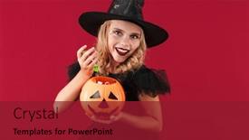  Presentation with halloween candy - Beautiful PPT layouts featuring photo of happy little girl witch in carnival halloween costume isolated over red wall background holding holiday pumpkin candy box bag backdrop and a crimson colored foreground