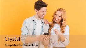  Presentation with man vs woman - Beautiful PPT theme featuring photo of happy people man backdrop and a yellow colored foreground