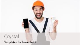  Presentation with photo display - Slide set with photo-of-happy-positive-young background and a white colored foreground