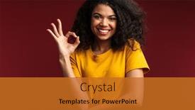  Presentation with photo - Amazing slide deck having photo-of-happy-positive-young backdrop and a gold colored foreground