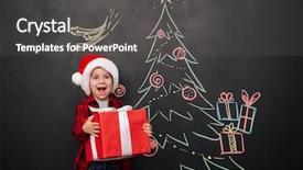  Presentation with child tree - Theme enhanced with photo of happy screaming child wearing hat holding a big gift near christmas tree drawing on blackboard looking aside background and a dark gray colored foreground