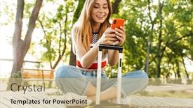  Presentation with luggage - Slide deck enhanced with photo of happy tourist girl smiling and holding smartphone while sitting with luggage on bench in green park background and a coral colored foreground