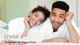  Presentation with young happy couple - Cool new PPT theme with photo of happy young african loving couple on bed indoors at home and looking at camera backdrop and a lemonade colored foreground