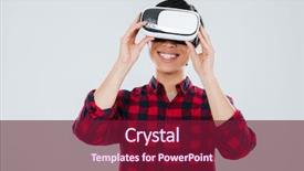  Presentation with cage - Presentation theme with photo of happy young asian man dressed in casual shirt in a cage and wearing virtual reality device isolated over white background background and a violet colored foreground