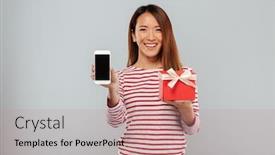  Presentation with photo display - Audience pleasing slide deck consisting of photo of happy young asian woman showing display of phone standing isolated over grey wall looking camera holding gift backdrop and a coral colored foreground
