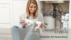  Presentation with plumbing - PPT theme having photo-of-happy-young-blonde background and a light gray colored foreground