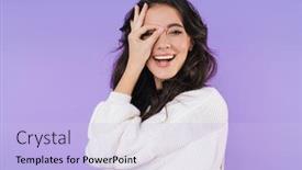  Presentation with purple wall - Colorful presentation theme enhanced with photo-of-happy-young-brunette backdrop and a light blue colored foreground