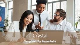  Presentation with coworking - Beautiful presentation theme featuring photo of happy young business colleagues indoors coworking looking aside using laptop computer talking with each other backdrop and a coral colored foreground