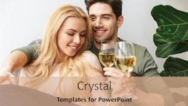  Presentation with alcohol white - Theme with photo of happy young loving couple sitting on sofa indoors at home drinking alcohol white wine champagne background and a coral colored foreground