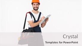  Presentation with builder - Audience pleasing PPT theme consisting of photo-of-happy-young-man backdrop and a sky blue colored foreground