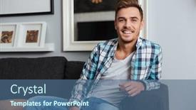  Presentation with cage - Slide deck consisting of photo of happy young man dressed in shirt in a cage print and jeans sitting on sofa in home and looking at the camera background and a ocean colored foreground