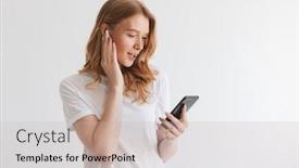  Presentation with listening woman - Presentation theme consisting of photo-of-happy-young-redhead background and a soft green colored foreground