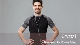  Presentation with listening - Presentation design consisting of photo of happy young sportsman background and a violet colored foreground