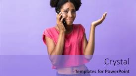  Presentation with african violet - Presentation theme with photo of hipster african american girl smiling and talking on mobile phone isolated over violet background background and a light blue colored foreground
