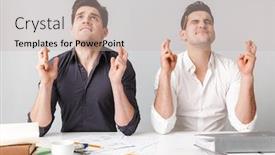  Presentation with hopeful - PPT theme with photo of hopeful two young business men colleagues sitting isolated over grey wall background and a soft green colored foreground