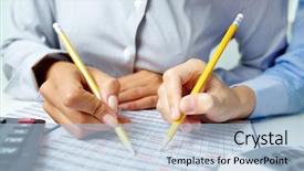  Presentation with pencils - Presentation design with photo of human hands holding pencils and pointing at numbers in documents background and a light blue colored foreground