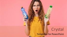  Presentation with basic - Amazing slide set having photo of irritated caucasian woman in basic t-shirt holding plastic bottles with open mouth isolated over pink background backdrop and a gold colored foreground