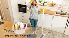  Presentation with mopping - Slide deck featuring photo-of-irritated-woman-housewife background and a coral colored foreground