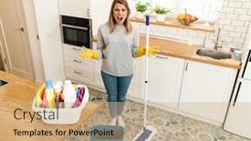  Presentation with mopping - Colorful PPT theme enhanced with photo-of-irritated-woman-housewife backdrop and a coral colored foreground