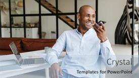  Presentation with living room - Slide set enhanced with photo-of-joyful-african-american background and a light blue colored foreground