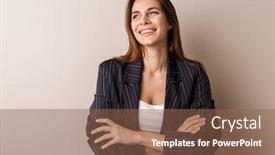  Presentation with formal - PPT theme having photo-of-joyful-businesswoman background and a violet colored foreground