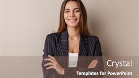  Presentation with formal - Presentation theme having photo-of-joyful-businesswoman background and a violet colored foreground