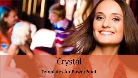  Presentation with night club - Cool new slides with photo of joyful girl laughing in a night club and looking at camera backdrop and a red colored foreground