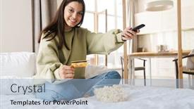  Presentation with joyful - Beautiful presentation theme featuring photo-of-joyful-nice-woman backdrop and a light blue colored foreground