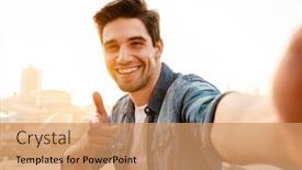  Presentation with joyful - Colorful PPT layouts enhanced with photo-of-joyful-unshaven-young backdrop and a coral colored foreground