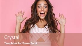  Presentation with hair dress - Cool new slides with photo of joyful woman 20s with long hair wearing dress screaming and raising hands isolated over pink background backdrop and a coral colored foreground