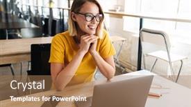  Presentation with joyful - Audience pleasing PPT layouts consisting of photo-of-joyful-young-woman backdrop and a coral colored foreground