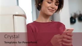  Presentation with fridge - Audience pleasing slide set consisting of photo-of-joyful-young-woman backdrop and a tawny brown colored foreground