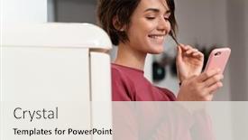  Presentation with fridge - Presentation design consisting of photo-of-joyful-young-woman background and a sky blue colored foreground