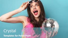  Presentation with disco ball - Cool new PPT theme with photo-of-joyful-young-woman backdrop and a light blue colored foreground