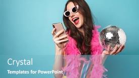  Presentation with disco ball - PPT layouts consisting of photo-of-joyful-young-woman background and a light blue colored foreground