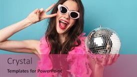  Presentation with disco ball - Slides having photo-of-joyful-young-woman background and a red colored foreground