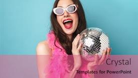  Presentation with disco ball - Slide deck consisting of photo-of-joyful-young-woman background and a coral colored foreground